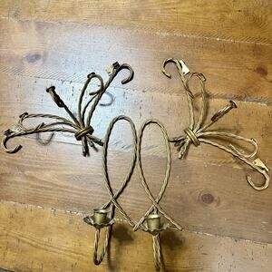 Homco Home Interiors Gold Twisted Metal Rope 2 Candle Wall Sconce & Shelves Vtg